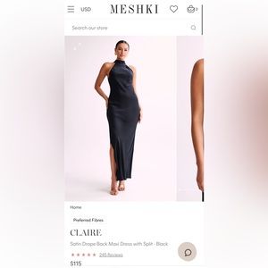 BRAND NEW - Meshki satin black maxi dress open back with slit